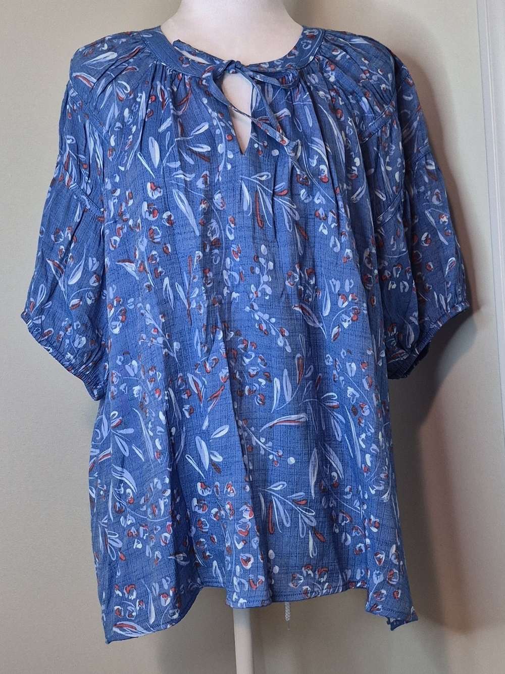 Wonderly Blue Floral Tie-Neck Women's Peasant Top Size XL
